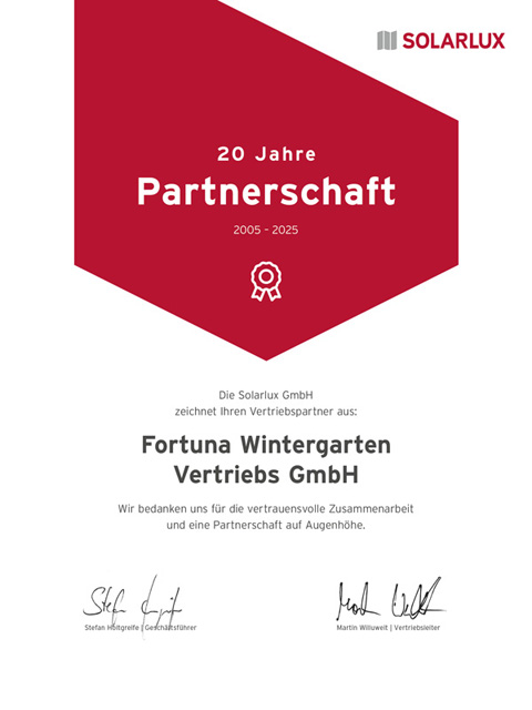 Solarlux - Fortuna Wintergarten: 20 Jahre Aktivpartnerschaft