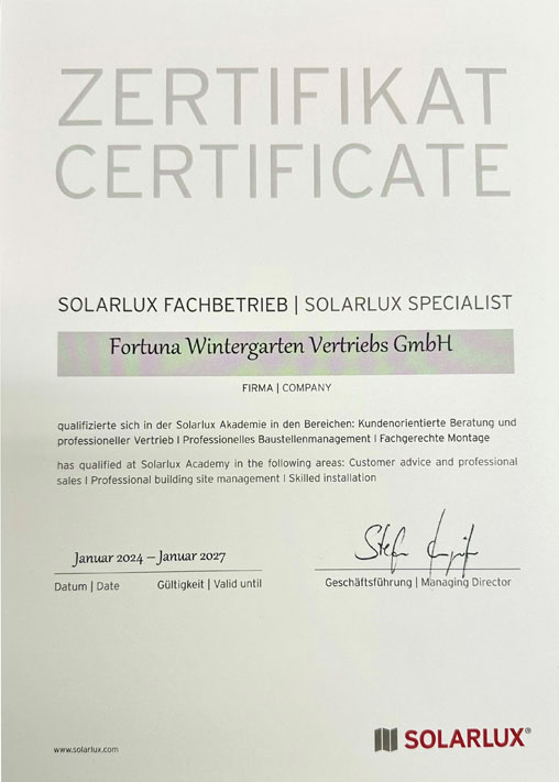 Fortuna Wintergarten ist 20 Jahre Solarlux-Partner